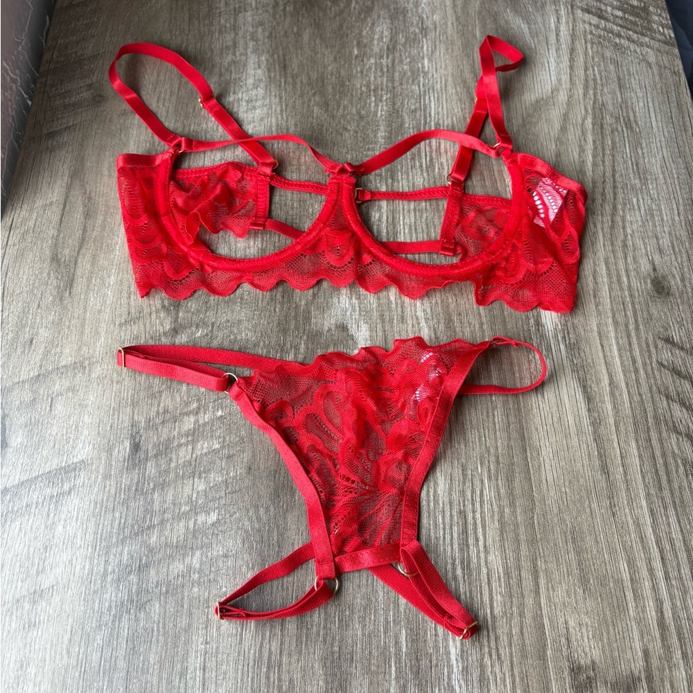 SHEIN Red Lace frame Bra and open bottom thong with adjustable straps